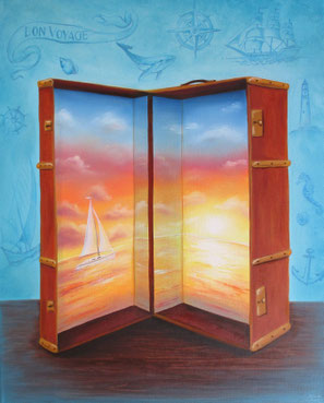 Koffer - Reise - Segelboot - Ölgemälde - Kunstwerk