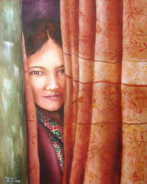 Mädchen - Vorhang - Ölgemälde - Kunst - Portrait