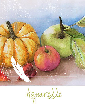 Aquarell - Obst - Kürbis - Apfel - Stilleben
