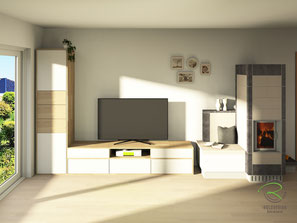 Fotorealistische 3D-Rendering von Schreinerei Holzdesign Ralf Rapp in Geisingen für Wohnzimmer Wohnwand in L-Form in weiß u. Fichte Echtholzfronten mit Klappen, Schubladen und offenem Regalfach für Receiver