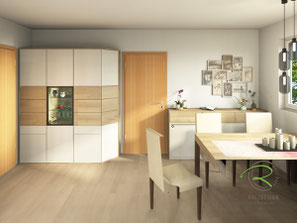 Fotorealistische 3D CAD Entwurf für Esszimmer-Highboard mit Glasvitrine von Schreinerei Holzdesign Ralf Rapp in Geisingen
