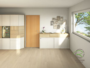 Fotorelistische 3D CAD Planung von Schreinerei Holzdesign Ralf Rapp in Geisingen vom Esszimmer Sidebaord in weiß und Massivholzfronten in Fichte weiß gekalkt,mit Schiebetüren & Klappen