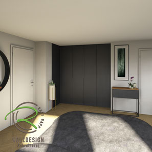 Fotorealistische 3D-CAD Entwurfsplanung Kleiderschrank über Eck von Schreinerei Holzdesign Ralf Rapp in Geisingen - Griffloser Einbauschrank fürs Schlafzimmer über Eck