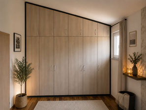 Maßgefertigter Kleiderschrank unter Dachschräge mit deckenhohen Schrankelementen und zusätzlichem Stauraum bis unter den First, gefertigt von Holzdesign Rapp