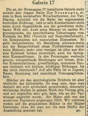 Article sur éxposition à la Galérie 17 de Berne, 1951