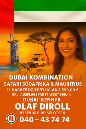 Dubai Kombireisen Dubai-Stopover und Baden Mauritius, Safari Südafrika oder Rundreise Asien