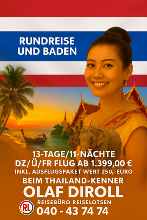 Thailand Rundreise und Baden 2026 mit Flug - Kombireise Thailand | Reisebüro Reiselotsen by Olaf Diroll