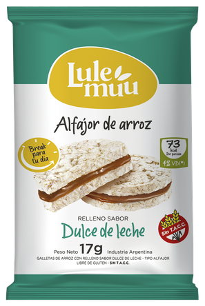  ALFAJOR DE ARROZ INTEGRAL  con dulce de leche sin cobertura. Presentación en blister de 12uds. Apto para celíacos. Origen Argentina.