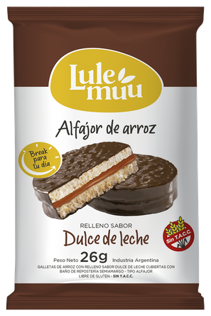 ALFAJOR DE ARROZ  con dulce de leche y cobertura de chocolate. Presentación en blister de 12uds. Apto para celíacos. Origen Argentina.