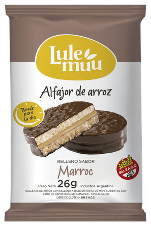 ALFAJOR DE ARROZ  con marroc cobertura de chocolate. Presentación en blister de 12uds. Apto para celíacos. Origen Argentina.