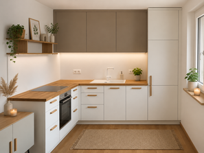 Kleine Küche in einer Wohnung in Radolfzell mit Eiche-Massivholz-Arbeitsplatte, Massivholzgriffen, weißen Fronten und steingrauen Oberschränken nach Maß gefertigt.