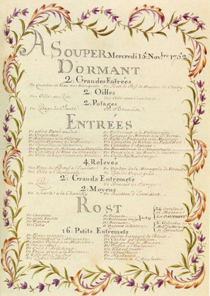 Menu d'un souper à la cour de Versailles en 1752.