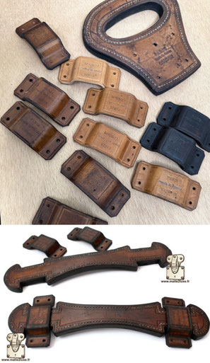 Collection Heritage Malle2Luxe – Poignées et accessoires en cuir patinés à la main pour restauration de malles anciennes.