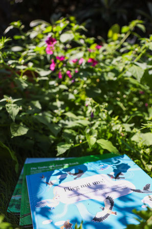 Grüner Strauch im Hintergrund, davor Kinderbücher