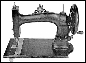 Vintage sewing machine with serial number 28.241, showcasing a traditional black iron body with a wheel on the side and a flat wooden base, reflecting the design patented by D'Arcy Porter and George W. Baker from 1876 to 1877.