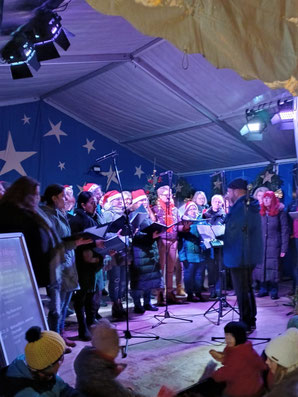 Weihnachtslieder aus verschiedenen Ländern sang vocalis am 21. Dezember auf dem Ettlinger Sternlesmarkt. Am 18. Dezember stimmte der Stammchor die Gäste musikalisch auf das Fest ein. (Foto: Thomas Hiller)