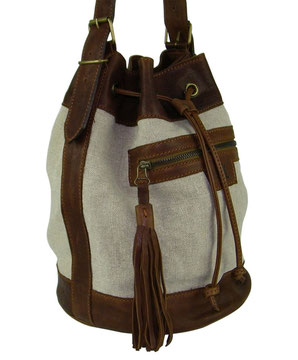 sac seau en cuir et lin naturel avec un lien et un pompon petite série