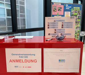 Anmeldungstisch mit Schild „Generalversammlung FAV OÖ“
