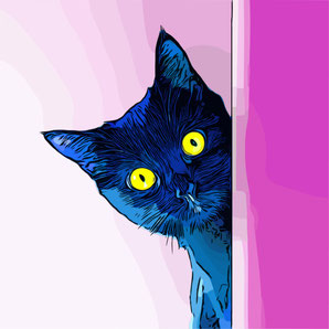 Eine gezeichnete blau-schwarze Katze mit großen gelben Augen schaut neugierig hinter einer Art pinken Vorhang hervor.