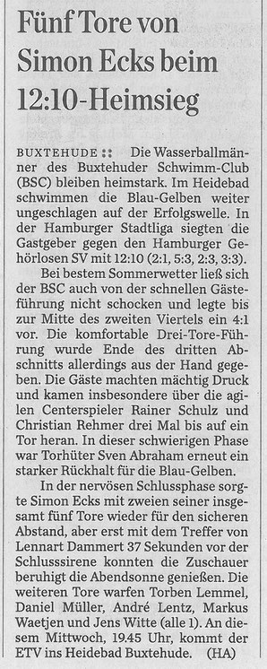 Hamburger Abendblatt vom 6. Juli 2015: Wasserball/ Fünf Tore von Simon Ecks beim 12:10-Heimsieg