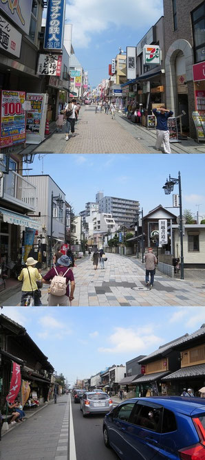 川越の地域商店街クレアモール(上)、連雀町(中)と観光客を集める一番街(下)