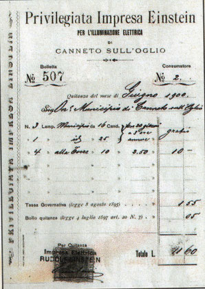 Bolletta di ricevuta per il servizio di illuminazione dell’orologio della torre civica, 1900 (archivio storico comunale di Canneto)
