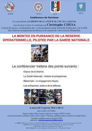 Affiche de la conférence de garnison à Lattes La montée en puissance de la réserve opérationnelle pilotée par la Garde nationale le 31 janvier 2024 anocr34.fr