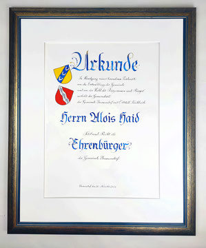 Kalligrafie Urkunde Baden-Württemberg mit Rahmen und Passepartout