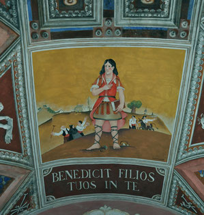Peinture murale de Tony Casalonga en 1979 représentant Saint Pancrace dans un paysage pioggiolais