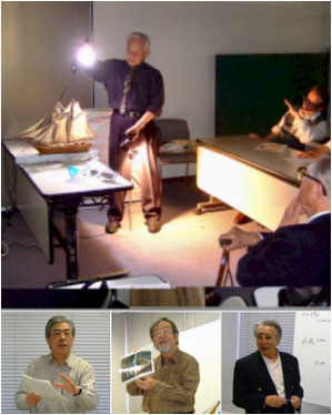 (上)東さん,(下左から) 前川さん, 関口さん, 野上さん (左) 研究会の案内チラシ