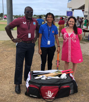 Under 19's Antiguan cricketer Chey- Anne Moses, Kumar Rodney from the Antigua Cricket Association and Cricket Kindness Founder, Tamara Lowe. 