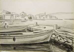 Ilovik, Fischerboote, 1966, Bleistiftzeichnung, 30/40 cm