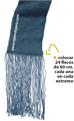 bufanda en tejido tubular con bordes en macramé