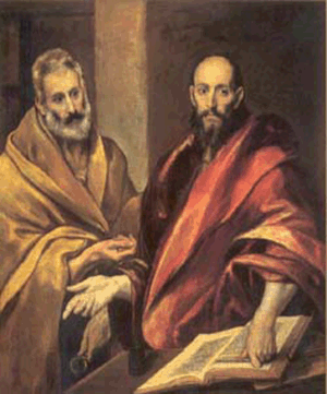 El Greco, San Pedro y San Pablo, 1587-92. Es posible que el autor se inspirara en su encuentro en Antioquía, cuando San Pablo invitó a Pedro a considerar el cristianismo como una relig. univ.