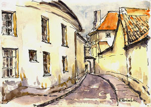 Autorius Rimas Revinskas.  Vilniaus senamiesčio skersgatvis. Akvarelė 15x21cm./ An alley-way in Vilnius old town. Paper, watercolour