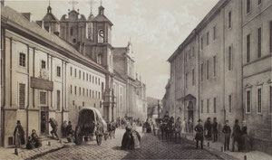 Jaan Arnot, Adolphe Jean Baptiste Bayot. Dominikonų gatvė ir Bajorų institutas Vilniuje.1850. Popierius, tonuota Litografija, LDM / Dominican street and gentlemen's institute in Vilnius. 1850. Paper, toned litography.