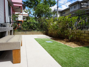 リフォーム、雑草防止、コンクリート平板、人工芝、ガーデン、レンガ、ウッドデッキ、施工例