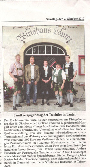 Zeitungsartikel vom 02.10.10 im Traunsteiner Tagblatt