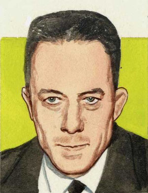 ALBERT CAMUS, di A.Molino. Tempera su cartone. Pubblicato su L'EUROPEO, 1984