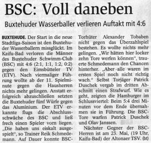 BSC: Voll daneben. Buxtehuder Wasserballer verlieren Auftakt mit 4:6. Buxtehuder Tageblatt vom 21.05.2013