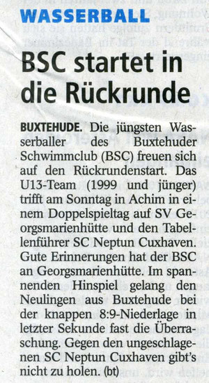 BSC-Wasserball/U13 startet in die Rückrunde Buxtehuder Tageblatt vom 12.04.2013