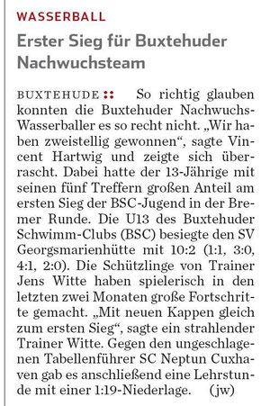 Wasserball/Erster Sieg für Buxtehuder Nachwuchsteam, Hamburger Abendblatt vom 18.04.2013