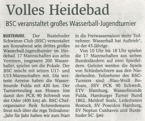 Volles Heidebad. BSC veranstaltet großes Wasserball-Jugendturnier. Buxtehuder Tageblatt vom 11. Mai 2013