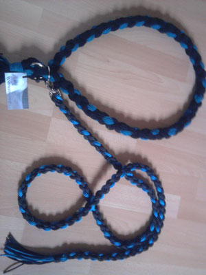 Führstrick mit passendem Halsriemen blau,schwarz aus Polypropylen und Polyesterwolle 