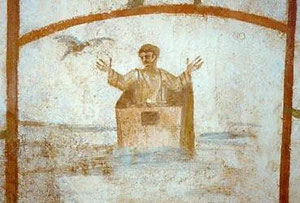 Noé en el arca, imagen conceptual, donde el arca convertido en un cajón del que surge Noé y la paloma le anuncia el fin del diluvio, es la esperanza de la salvación.El arca es la prefiguración de la Iglesia en Nuevo Testamento
