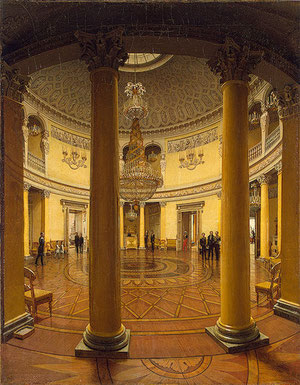 Yefim Tujarinov, 1834, Rotonda del Palacio de Invierno. Firmado en la base de la columna. Servía de vestíbulo entre las habitaciones privadas y la zona pública. El autor recibió de la emperatriz una sortija por esta obra.