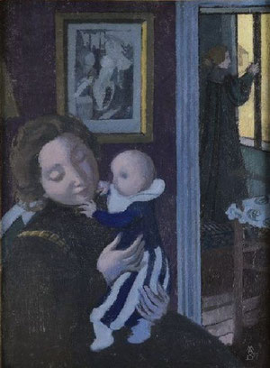 Maurice Denis. Lénfant au pantalon bleu.1897.Óleo sobre lienzo.Con esta obra Denis celebra la felicidad familiar de la pareja con la llegada de la primera hija de ambos,remite de un modo sagrado las madonas italianas.