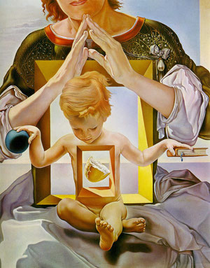 Todo un código figurativo preciso que Dalí describe como "tabernáculo en el cuerpo de Jesús que contiene el pan sagrado" El niño apoya sus manos..en la Palabra y Universo.