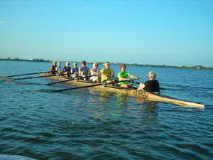 a Vespoli eight just starting out onto the bay