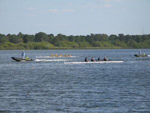 a view of the race with LBCC in lane 5 with a half boat lead